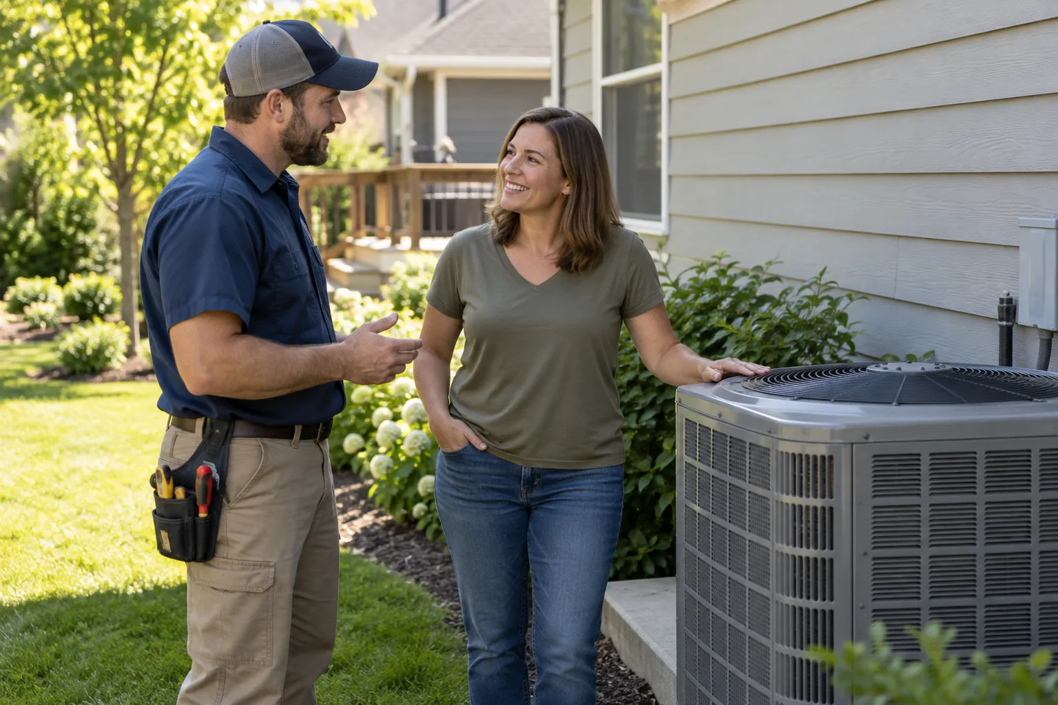 A homeowner in Green talking with an HVAC provider beside an outdoor AC unit